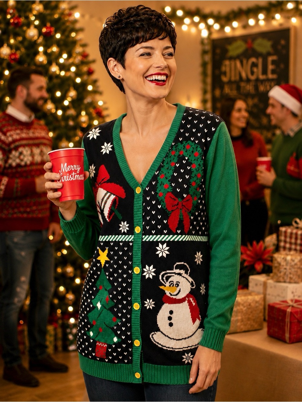 Ugly Christmas Sweater Cardigan Women’s S Snowman Wreath Bells Christmas Tree